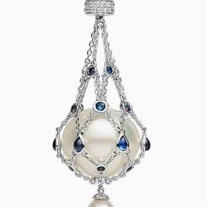 Basket faux pearl necklace silver tone with blue cz stones